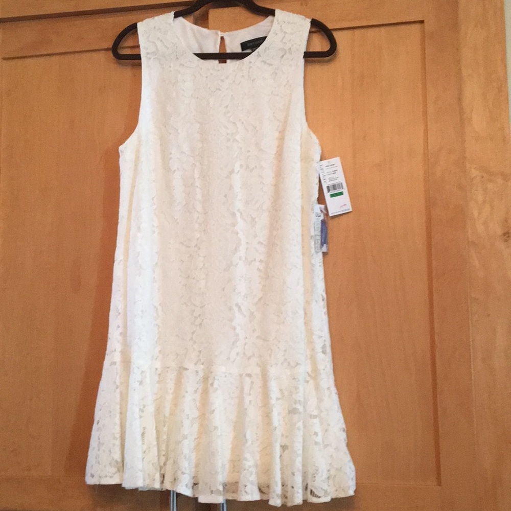 Karen Kane Beige Lace Ruffled Hem Dress